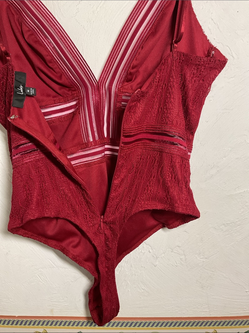 Lulus Casita Wine Red Lace Sheer Striped Plunging Sleeveless Bodysuit Size M - Picture 7 of 11